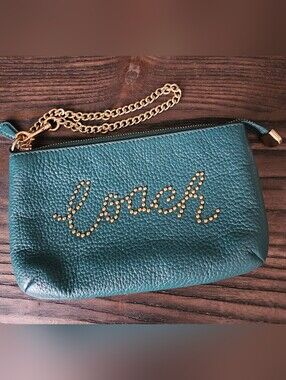 Coach Large Wristlet Teal Pebbled Leather Studded Script Logo F79890
